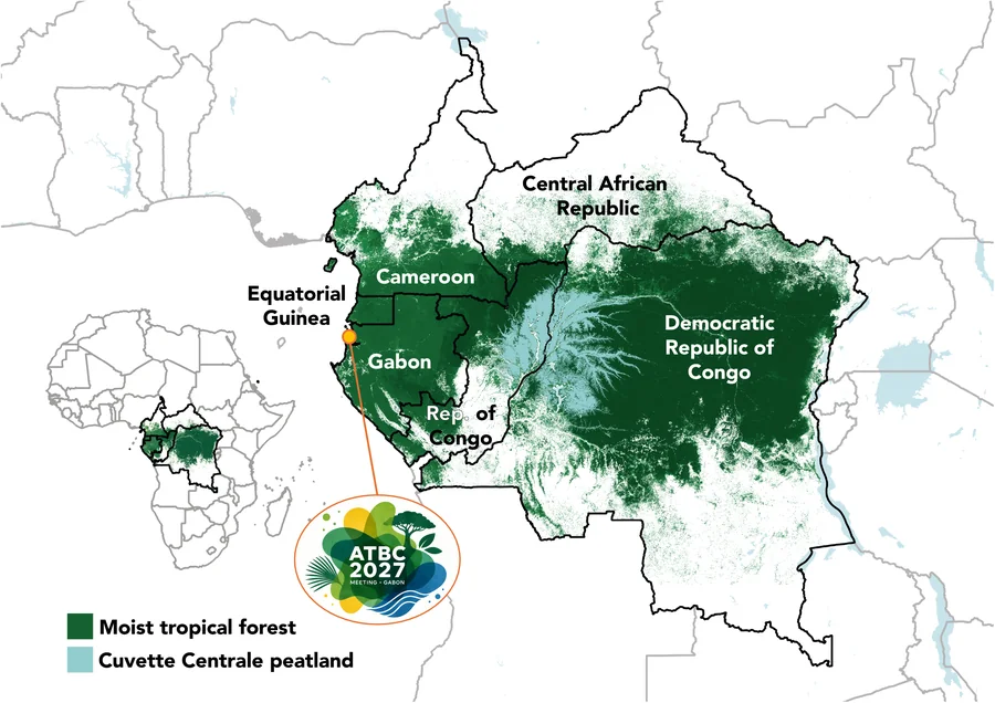 Map of the Congo Basin showing moist tropical forest, the Cuvette Centrale peatland and the location of ATBC2027 in Gabon