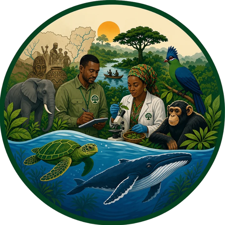 Illustration: researchers at work in the Congo Basin, with forest elephants, a turaco, a chimpanzee, a sea turtle and a whale